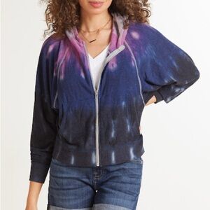 Chaser Women's Medium Tie Dye Dolman Full Zip Hoodie Sweater Purple Blue Coastal